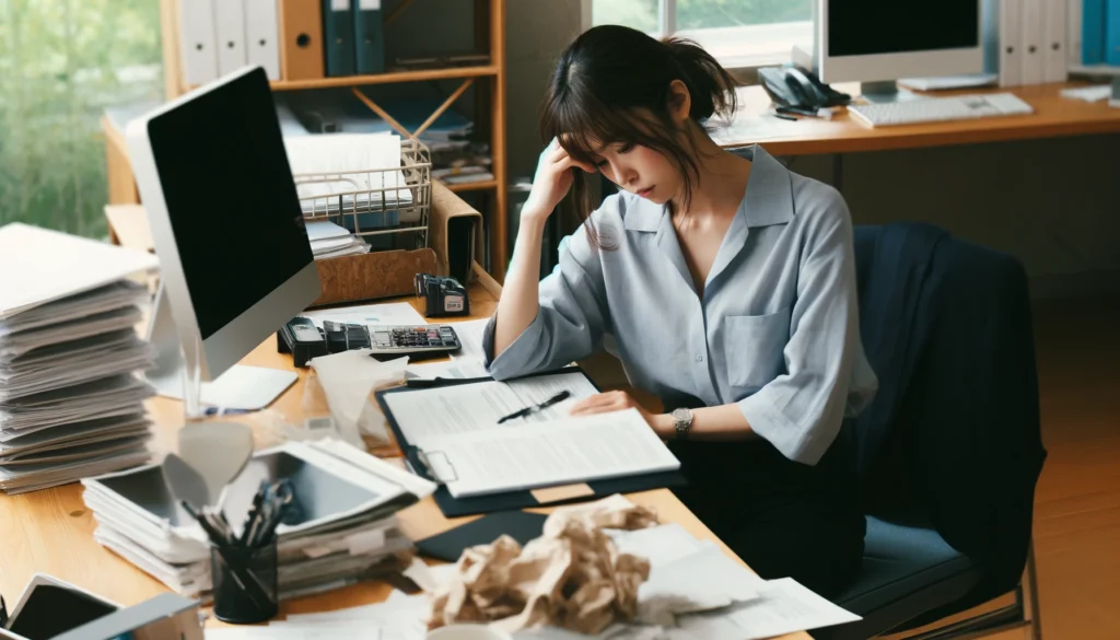 オフィスでのストレスによりうつむく女性