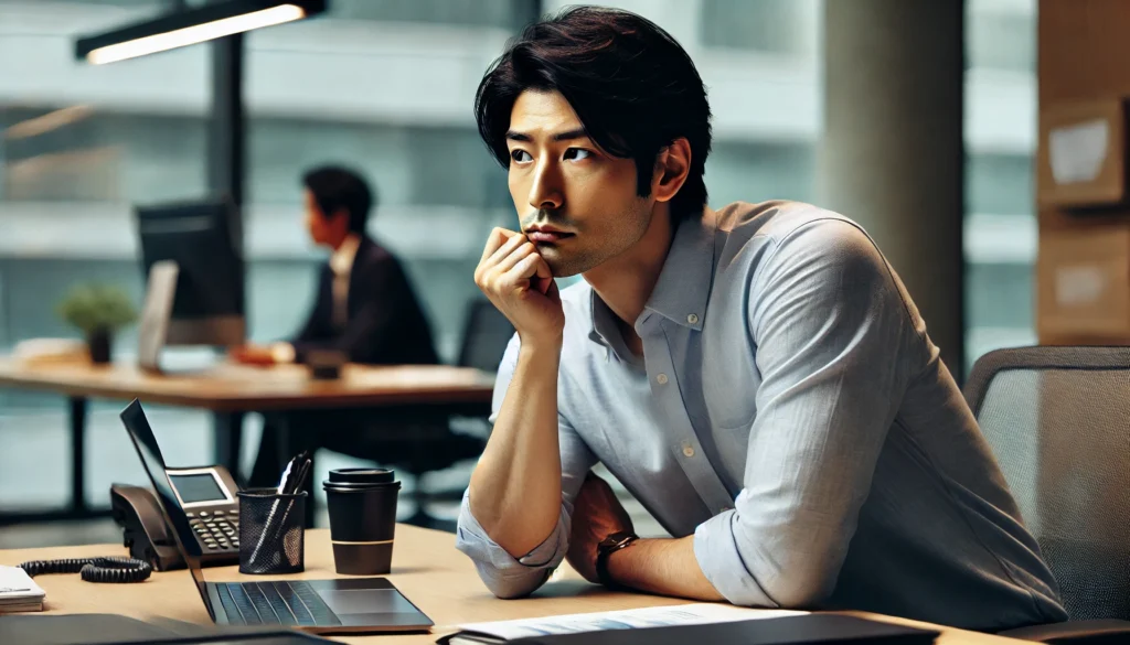 オフィスでモチベーションの維持に悩む日本人男性
