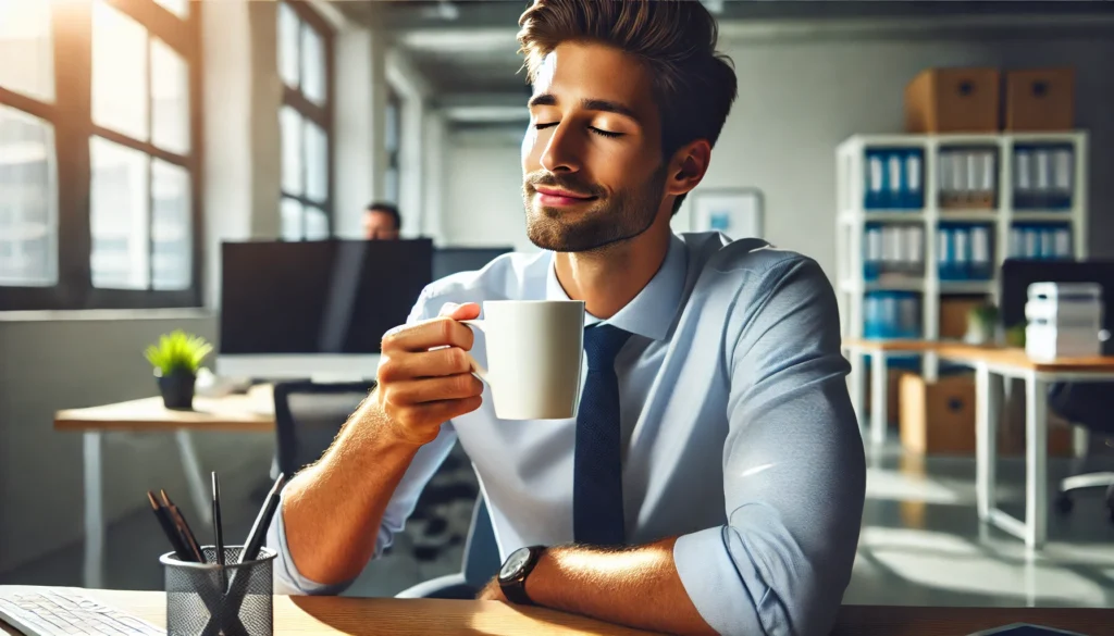 コーヒーを飲んでリフレッシュする男性